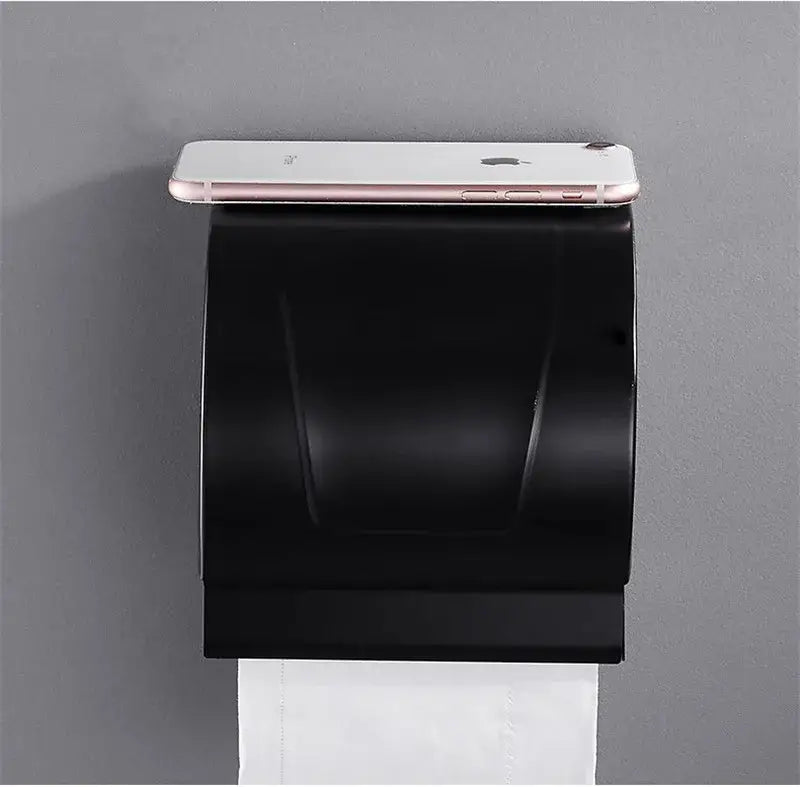 Modern matte black aluminum paper holder wall-mounted with sleek curved design for black aluminum bathroom decorbites use