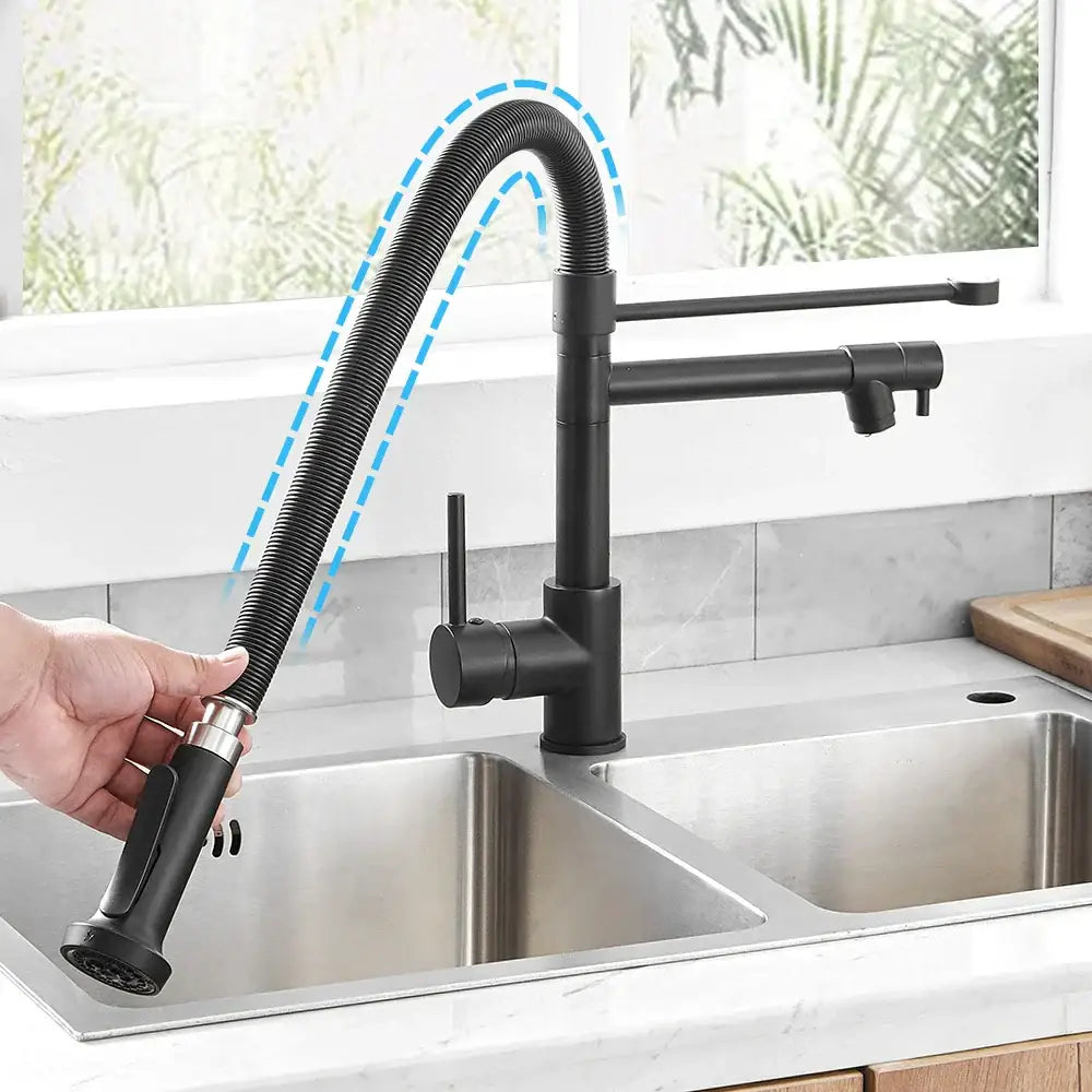 Modern matte black and brushed nickel kitchen faucet with flexible gooseneck hose and pull out spray head decorbites black spring kitchen