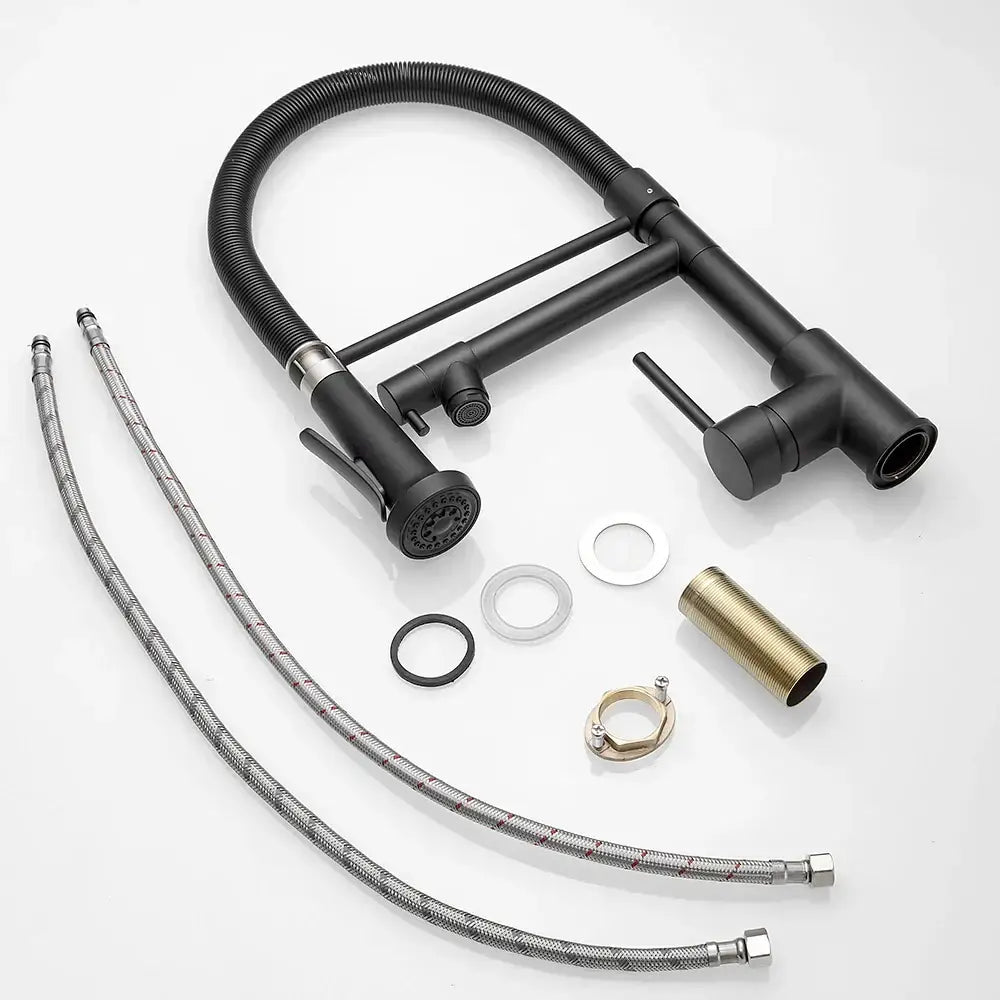 Modern matte black and brushed nickel spring kitchen faucet with black spring kitchen flexible gooseneck and stainless hoses