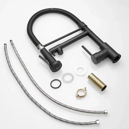 Modern matte black and brushed nickel spring kitchen faucet with black spring kitchen flexible gooseneck and stainless hoses
