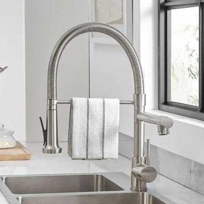 Stainless steel decorbites black spring kitchen faucet with flexible hose and integrated towel rack for modern kitchen decor