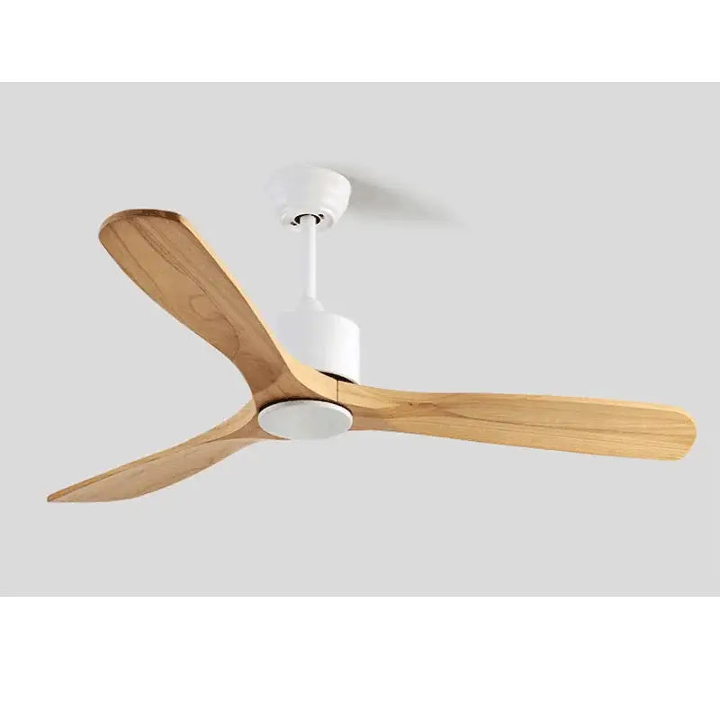 Modern matte black ceiling fan with three light-colored wooden blades and white central housing for living room use