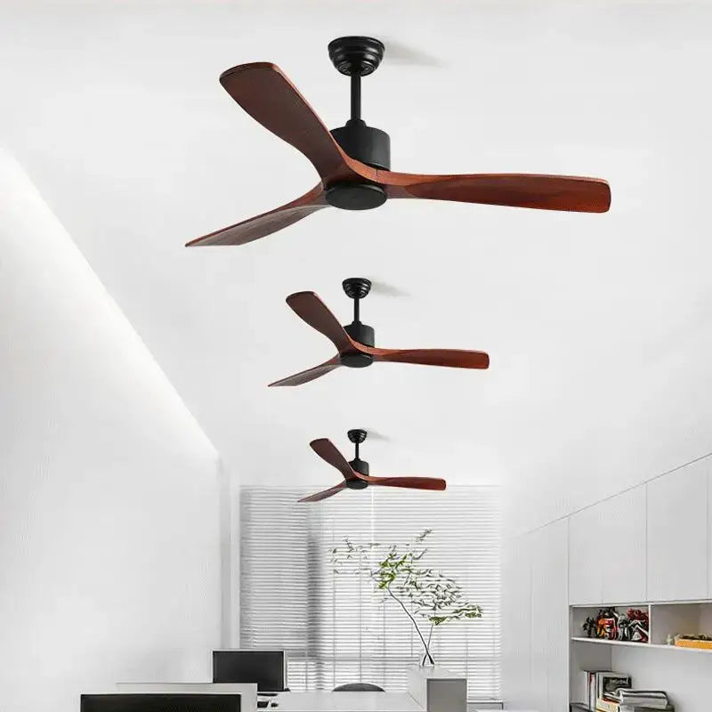 Modern matte black ceiling fan with three dark brown wooden blades for living room wooden ceiling decor