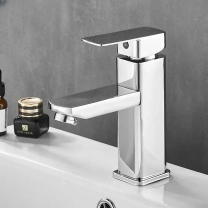 Modern chrome finished single handle basin faucet with sleek rectangular design ideal for decorbites black basin use