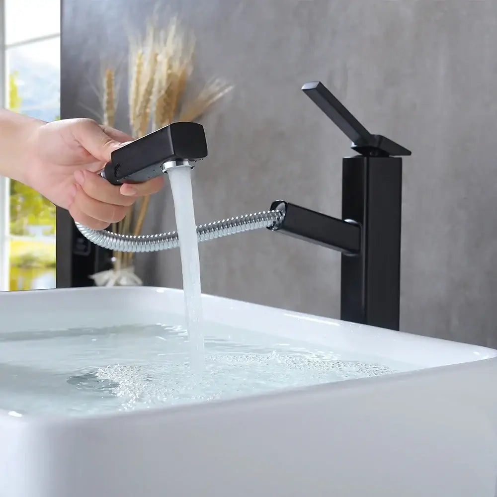 Modern matte black basin faucet with flexible chrome hose and handheld spray head decorbites black basin faucet design