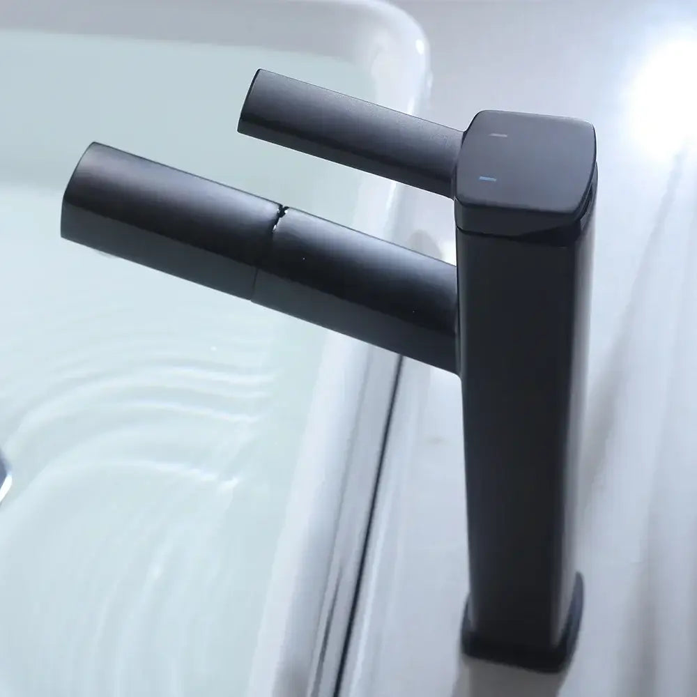 Modern matte black basin faucet with sleek minimalist design and dual handles for bathroom decorbites black basin use
