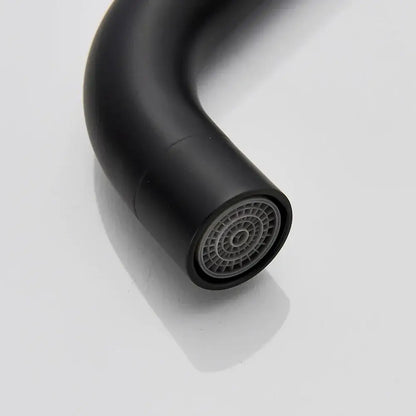 Modern matte black basin faucet with curved spout and circular textured spray head for decorbites black basin use