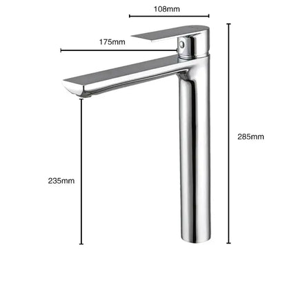 Modern chrome-finished tall basin faucet with ceramic valve core and precise markings for short tap styles in bathrooms