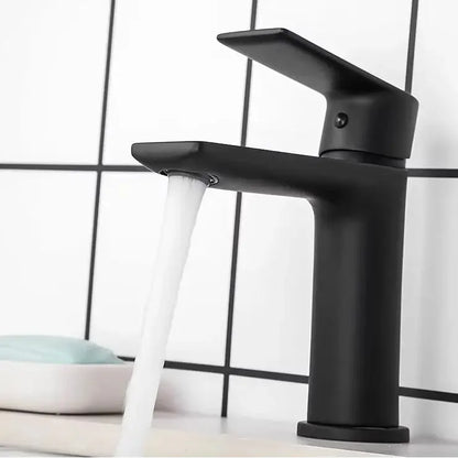 Modern matte black basin faucet with ceramic valve core and short tap styles in a sleek minimalist design
