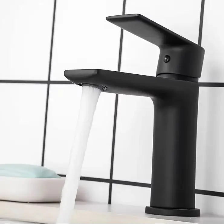 Modern matte black basin faucet with ceramic valve core and short tap styles in a sleek minimalist design