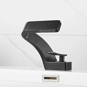 Modern matte black basin faucet with sleek angular design and single lever handle for bathroom use