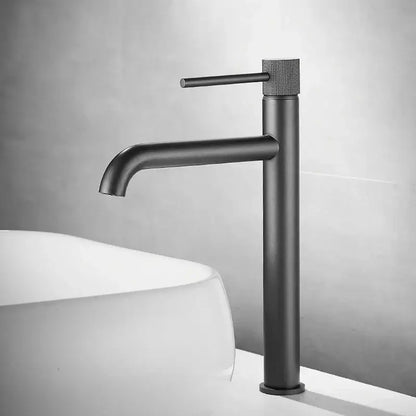 Modern matte black basin faucet with textured knurled handle and sleek cylindrical spout for bathroom sink mixer tap decorbites brushed gold alternative