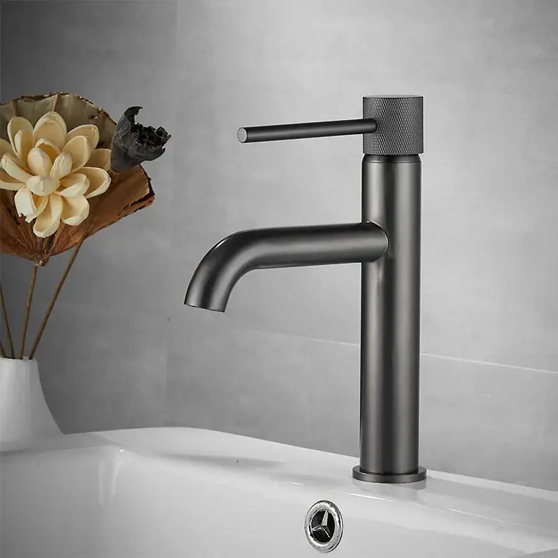 Modern matte black basin faucet with textured cylindrical handle and sleek minimalist design for bathroom sinks decorbites brushed gold alternative