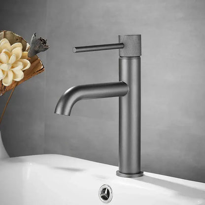 Modern matte black basin faucet with textured knurled handle and minimalist design for bathroom sink mixer tap decorbites brushed gold
