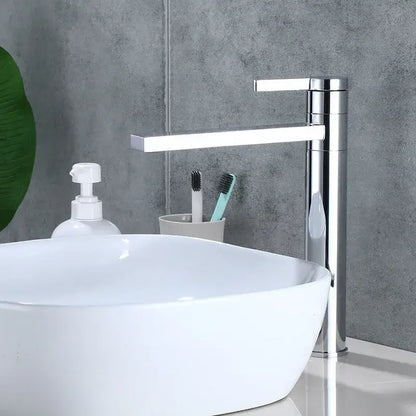 Modern chrome-finished basin faucet with sleek rectangular spout and tall cylindrical base ideal for decorbites gold solid brass bathroom sink tap