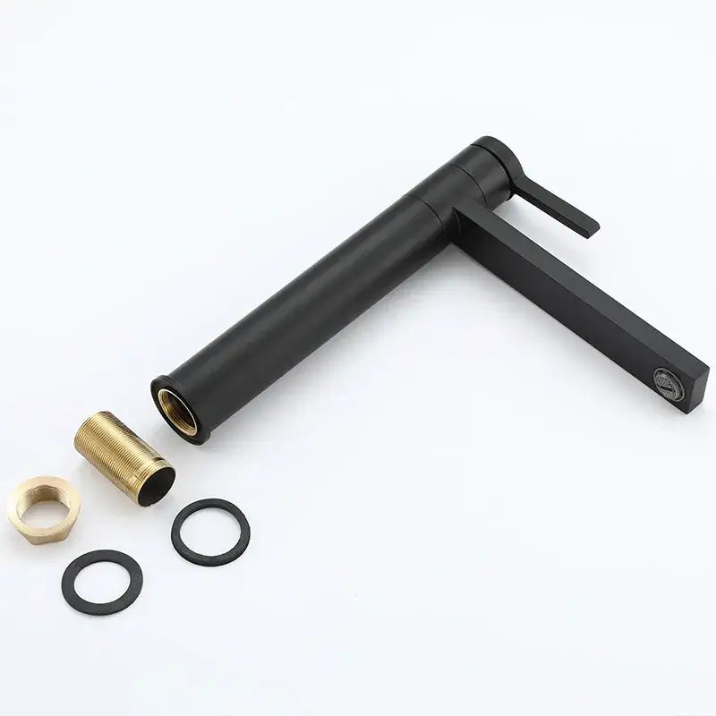Modern matte black basin faucet with sleek angular design and decorbites gold solid brass threaded components for bathroom sink
