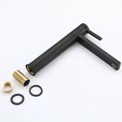 Modern matte black basin faucet with sleek angular design and decorbites gold solid brass threaded components for bathroom sink