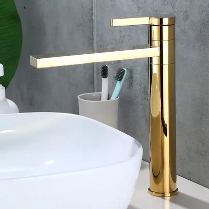 Modern matte black basin faucet with sleek gold solid brass finish and tall cylindrical body for bathroom use