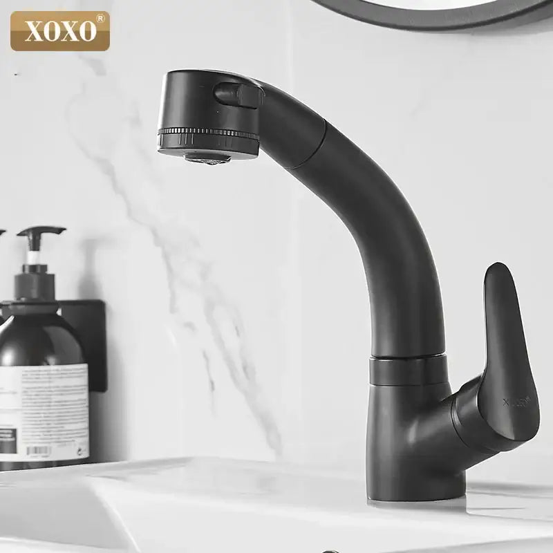 Modern matte black xoxo brand kitchen pull out spray mixer tap with sleek curved spout is a decorbites black basin faucet