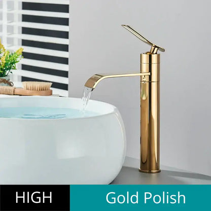 Gold-polished basin faucet mixer with high-arc curved spout featuring sleek modern design for bathroom decorbites use