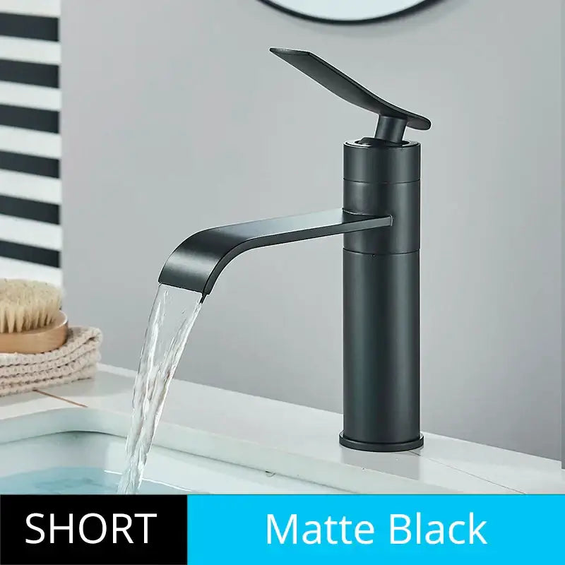Matte black basin faucet mixer with short waterfall curved spout for modern bathroom decorbites basin faucet design