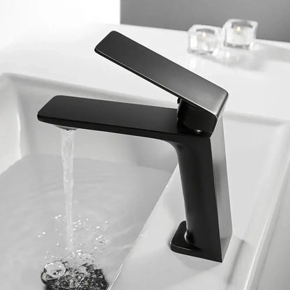 Modern matte black basin faucet mixer tap with angular design and sleek minimalist profile for bathroom use