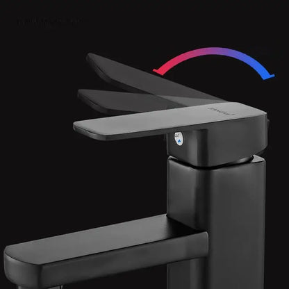 Modern matte black decorbites basin mixer with sleek angular design and curved handle for bathroom use