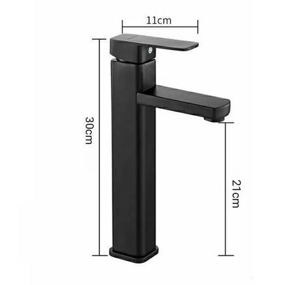 Modern matte black basin mixer bathroom faucet with sleek rectangular spout and precise dimensional markings by decorbites basin mixer