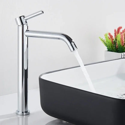 Modern matte black basin mixer tap with chrome-finished high-arc sleek minimalist design for bathroom use