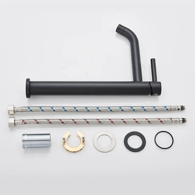 Modern matte black basin mixer tap with minimalist design and matching black flexible braided hoses for bathroom use
