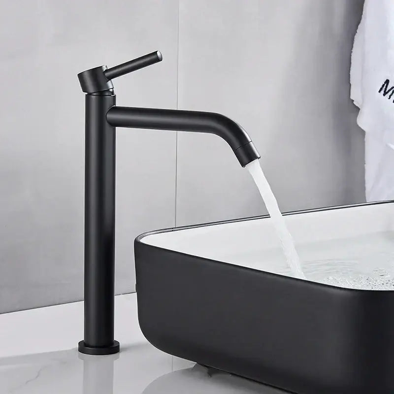 Modern matte black basin mixer tap with sleek minimalist design and single lever for bathroom use