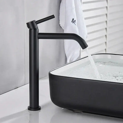 Modern matte black basin mixer tap with sleek minimalist design and single lever for bathroom use