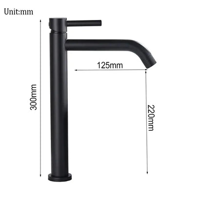 Modern matte black basin mixer tap with sleek minimalist design and precise dimensions for bathroom use