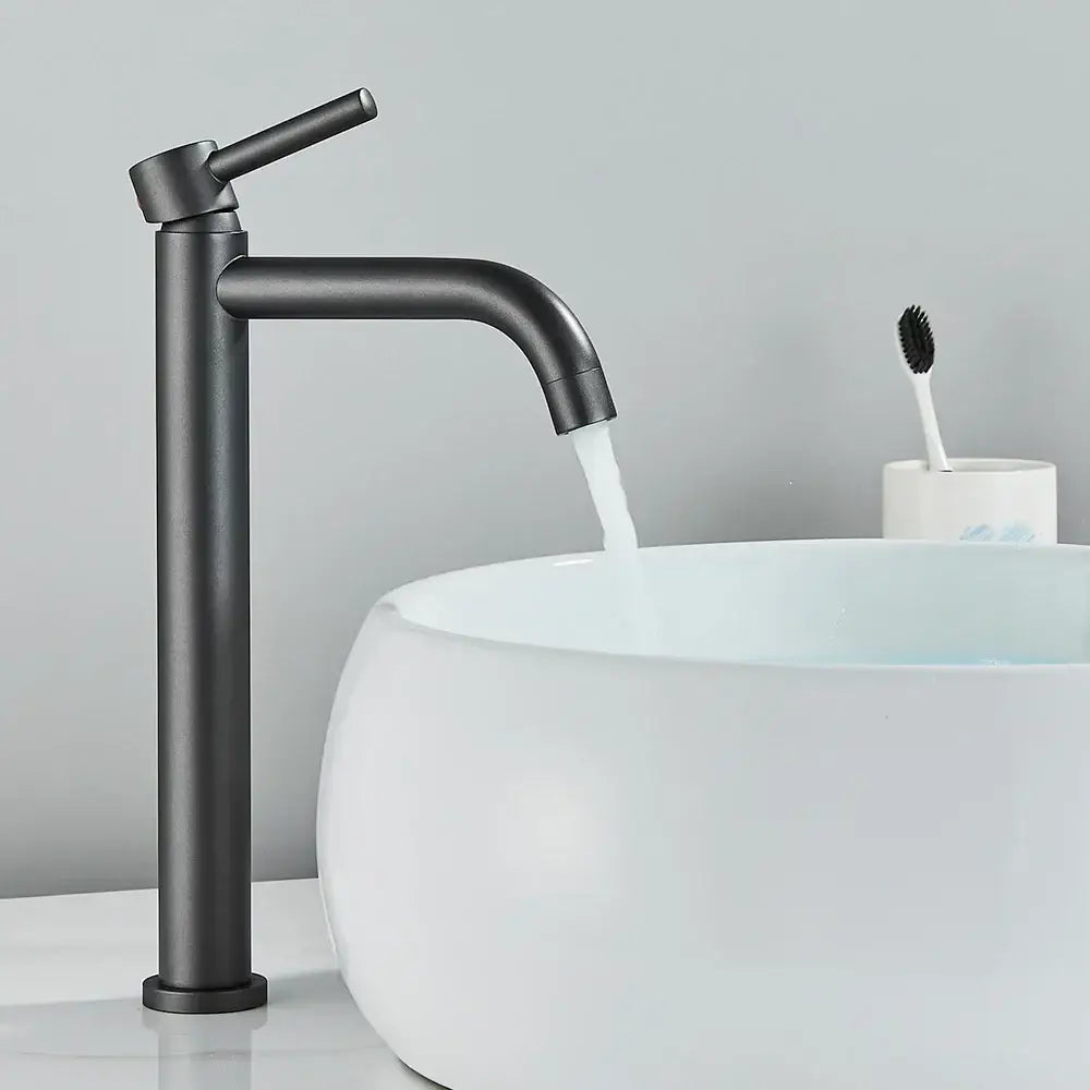 Matte black modern basin mixer tap with a sleek tall design and curved spout for bathroom use