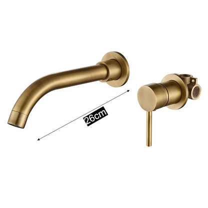 Brass-finished wall-mounted bathroom faucet set with sleek modern matte black spout for contemporary bathroom use