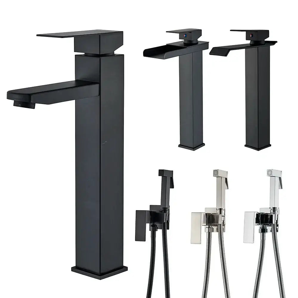 Modern matte black bathroom faucet set featuring a sleek rectangular spout and tall cylindrical base faucet set