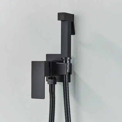 Modern matte black bathroom faucet set featuring a wall-mounted shower system with a rectangular handle and two hoses