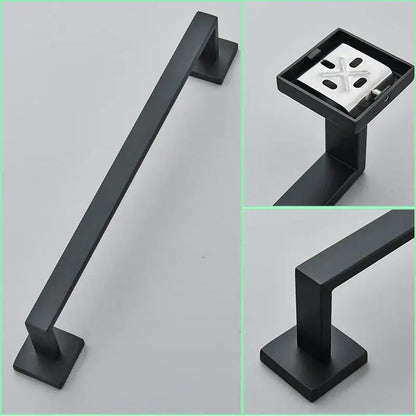 Modern matte black bathroom hardware set featuring a black bathroom hardware towel bar with a square base decorbites black bathroom