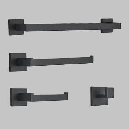 Set of four matte black bathroom hardware pieces including square towel bar toilet paper holder and hook for decorbites black bathroom