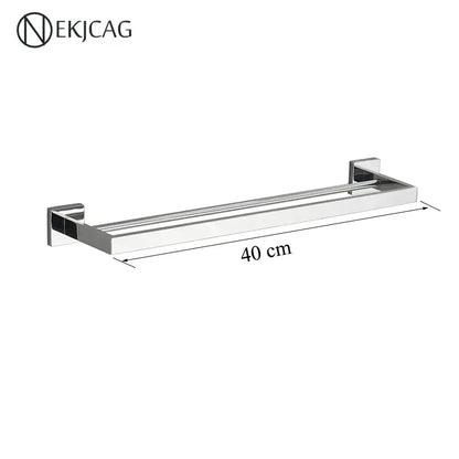 Modern matte black decorbites black bathroom set featuring a 40 cm chrome double-tier towel rack with sleek design