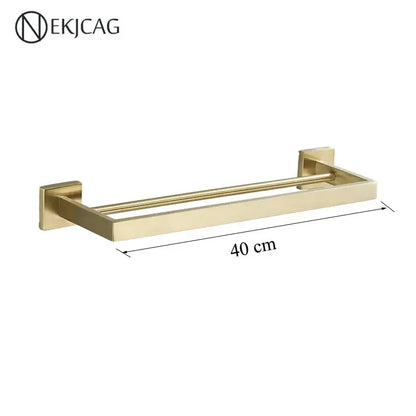 Modern matte black bathroom set featuring a gold finished rectangular towel rack with sleek brushed metal decorbites black bathroom accessory