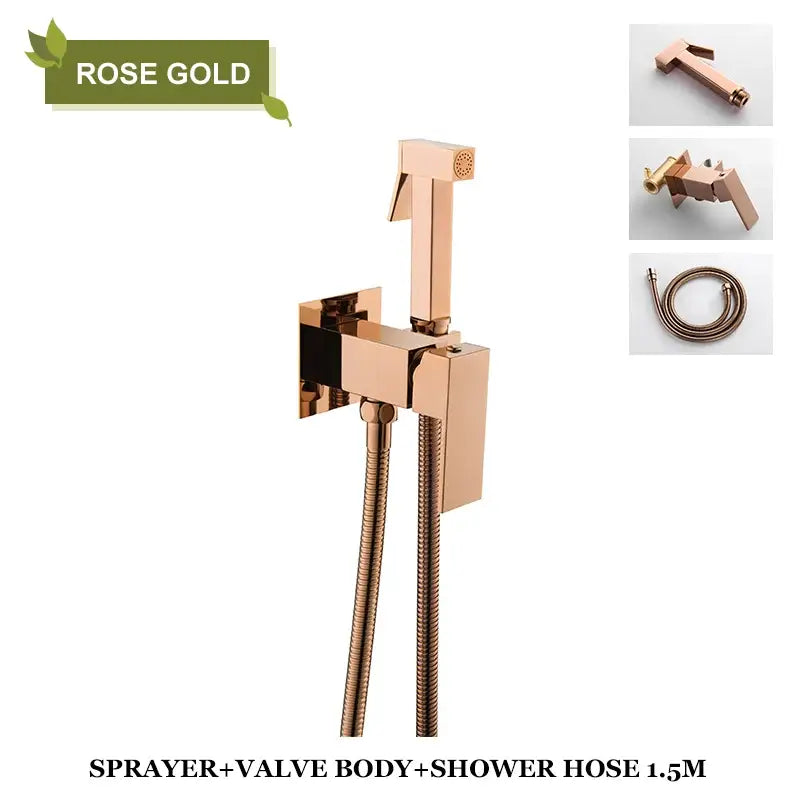 Modern rose gold bidet faucet shower sprayer with sleek design and matching valve body for bathroom use