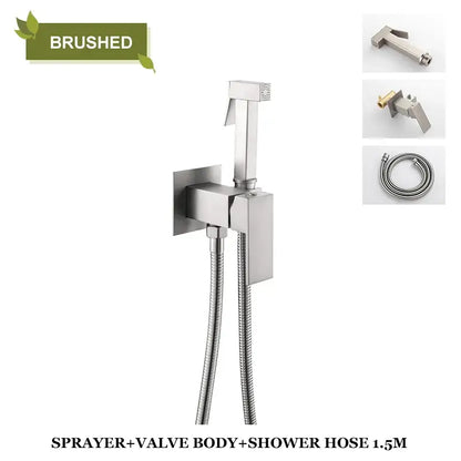 Brushed stainless steel wall-mounted bidet faucet shower mixer with sleek design and 1.5-meter flexible hose