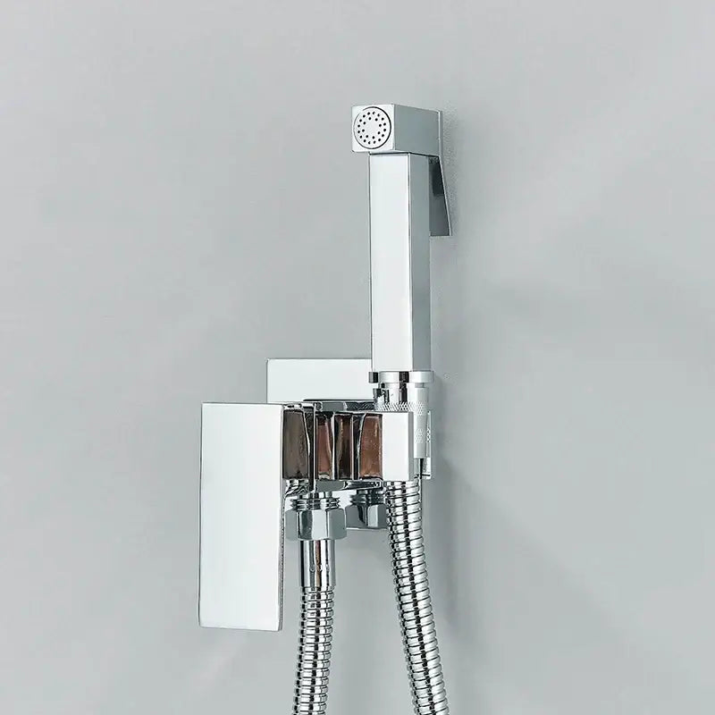 Modern matte black decorbites bidet shower faucet set with chrome rectangular wall-mounted spray and flexible hose
