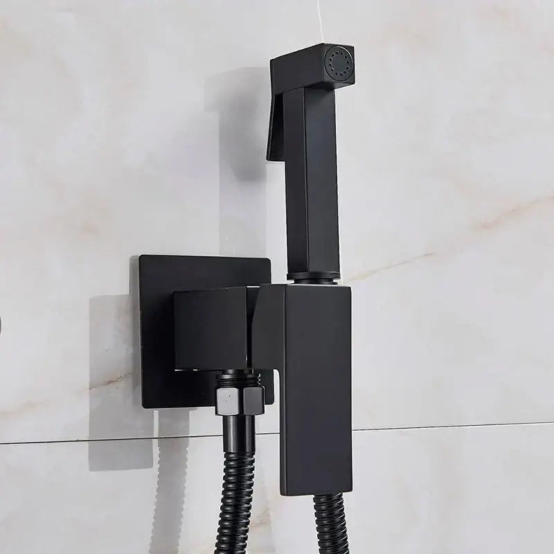 Modern matte black bidet shower faucet set with square base wall-mounted bidet shower faucet and flexible hose by decorbites