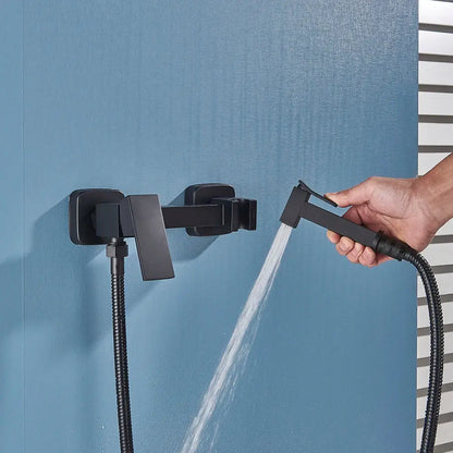 Black matte bidet shower faucet set with wall-mounted mixer tap and handheld spray hose by decorbites
