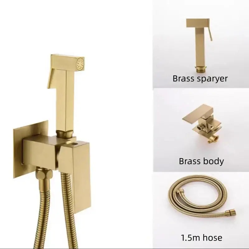 Gold-finished brass decorbites bidet spray gun set with square base and detachable nozzle for bathroom hygiene