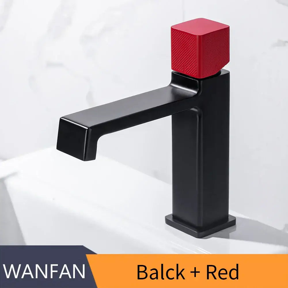 Modern matte black brass basin faucet with a red square textured handle by decorbites black brass basin faucet