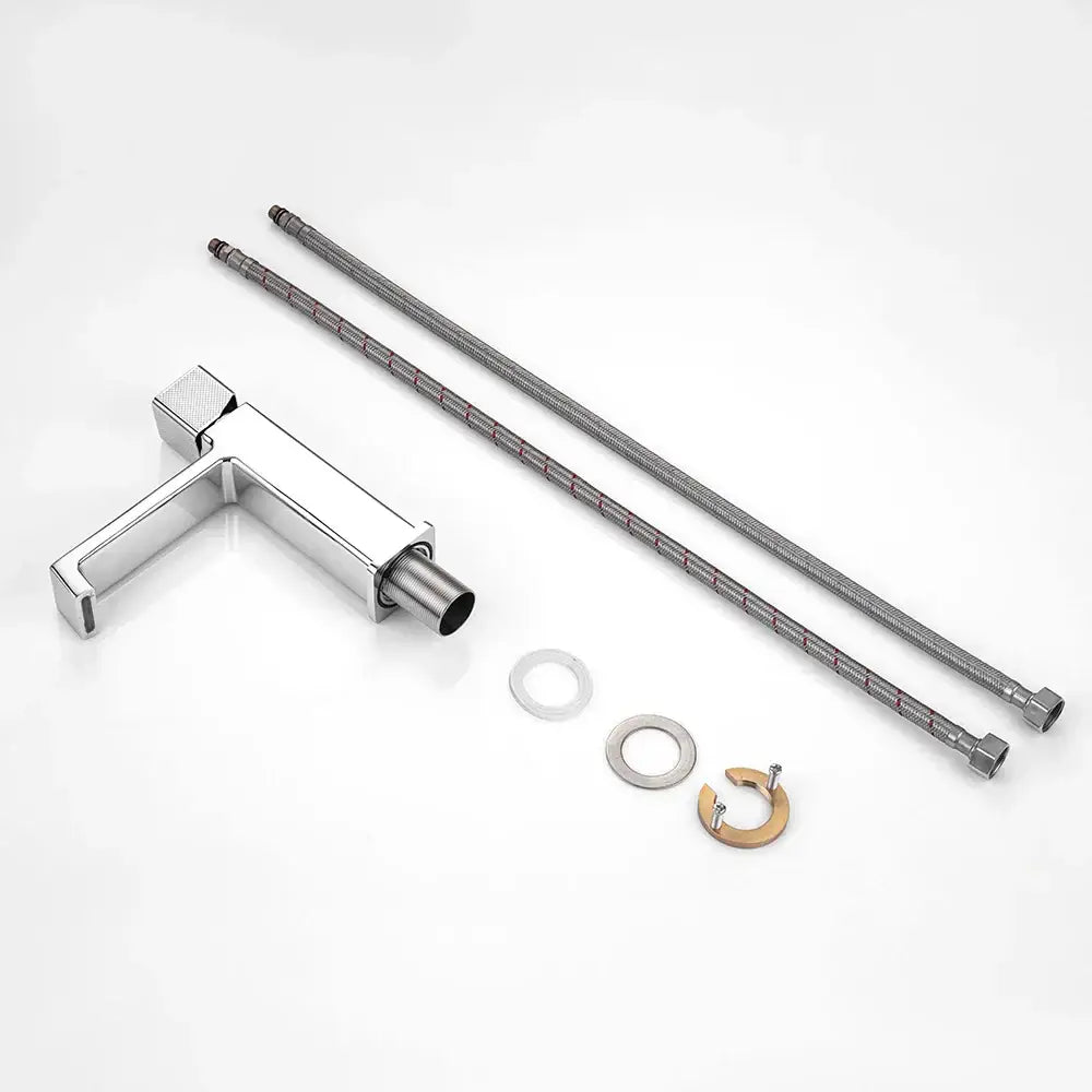 Modern chrome-finished single-handle basin faucet with sleek angular design for decorbites black brass bathroom use