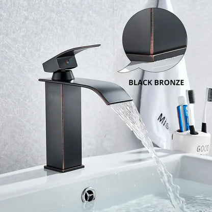 Modern matte black brass bathroom waterfall sink faucet with sleek design featuring decorbites black brass finish